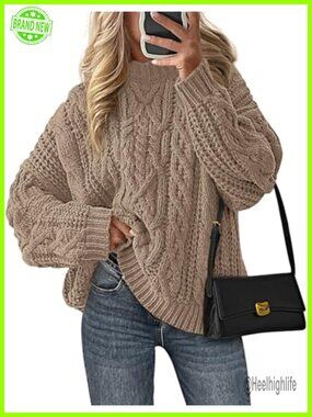 Oversized Chunky Cable Knit Crew Neck Pullover Sweater Long Sleeve